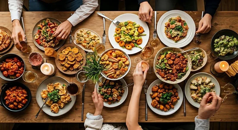 A spread of Asian dishes shared family style